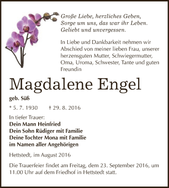 Traueranzeige von Magdalene Engel von Super Sonntag SGH Mansf. Land