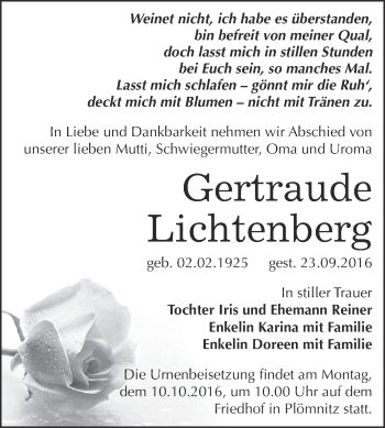 Traueranzeige von Gertraude Lichtenberg von Super Sonntag Bernburg