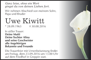 Traueranzeige von Uwe Kiwitt von WVG - Wochenspiegel Bitterfeld