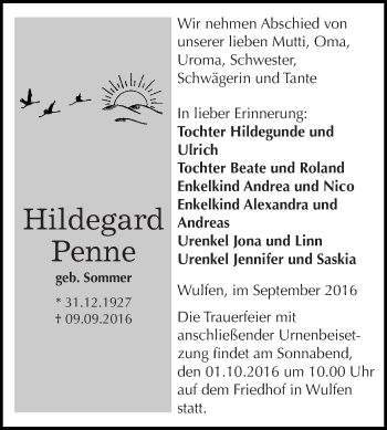 Traueranzeige von Hildegard Penne von WVG - Wochenspiegel Dessau / Köthen