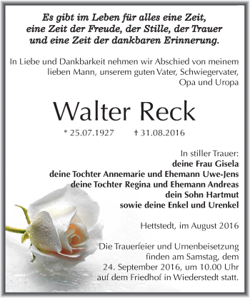 Traueranzeige von Walter Reck von Mitteldeutsche Zeitung Mansfelder Land