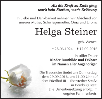 Traueranzeige von Helga Steiner von Mitteldeutsche Zeitung Bernburg