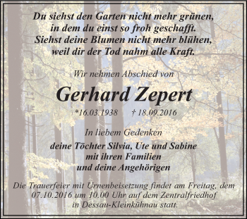 Traueranzeige von Gerhard Zepert von WVG - Wochenspiegel Dessau / Köthen
