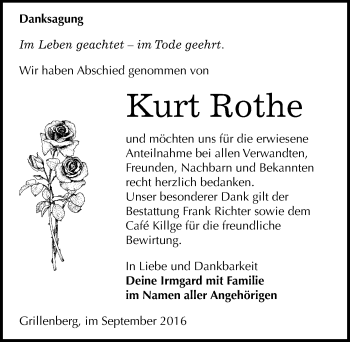 Traueranzeige von Kurt Rothe von Mitteldeutsche Zeitung Sangerhausen