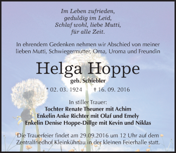 Traueranzeige von Helga Hoppe von Mitteldeutsche Zeitung Dessau-Roßlau