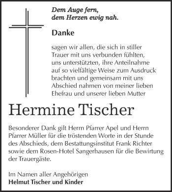 Traueranzeige von Hermine Tischer von Super Sonntag SGH Mansf. Land