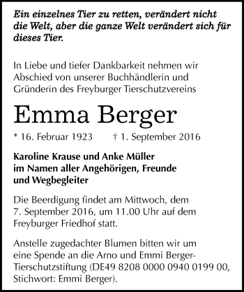 Traueranzeige von Emma Berger von Mitteldeutsche Zeitung Naumburg/Nebra
