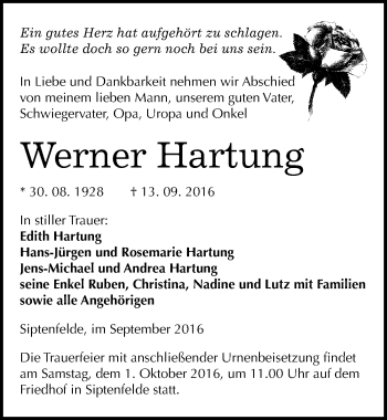 Traueranzeige von Werner Hartung von Mitteldeutsche Zeitung Quedlinburg