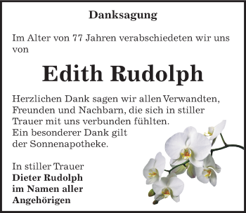 Traueranzeige von Edith Rudolph von Mitteldeutsche Zeitung Bernburg