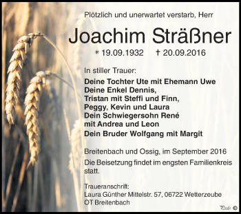 Traueranzeige von Joachim Sträßner von Super Sonntag Zeitz