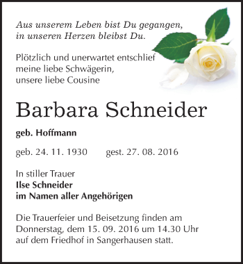 Traueranzeige von Barbara Schneider von Mitteldeutsche Zeitung Sangerhausen