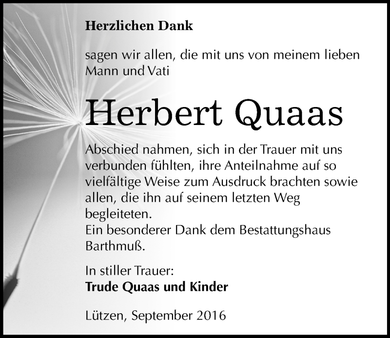  Traueranzeige für Herbert Quaas vom 24.09.2016 aus Mitteldeutsche Zeitung Weißenfels