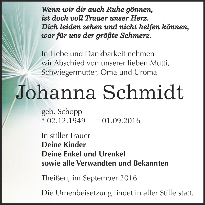  Traueranzeige für Johanna Schmidt vom 10.09.2016 aus Super Sonntag Zeitz
