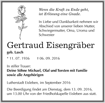 Traueranzeige von Gertraud Eisengräber von Mitteldeutsche Zeitung Mansfelder Land
