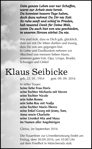 Traueranzeige von Klaus Seibicke von Mitteldeutsche Zeitung Naumburg/Nebra