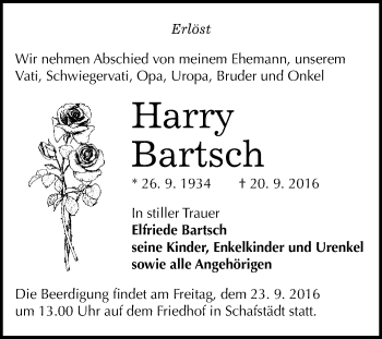 Traueranzeige von Harry Bartsch von WVG - Wochenspiegel Merseburg
