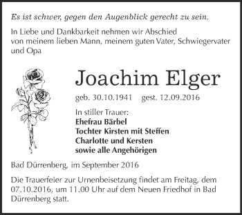Traueranzeige von Joachim Elger von Super Sonntag Merseburg