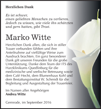 Traueranzeige von Marko Witte von Mitteldeutsche Zeitung Quedlinburg