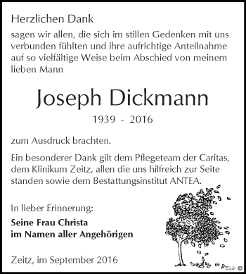 Traueranzeige von Joseph Dickmann von Super Sonntag Zeitz