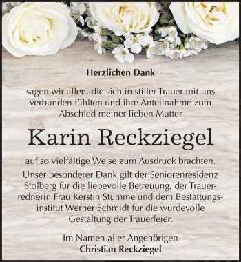 Traueranzeige von Karin Reckziegel von Mitteldeutsche Zeitung Quedlinburg