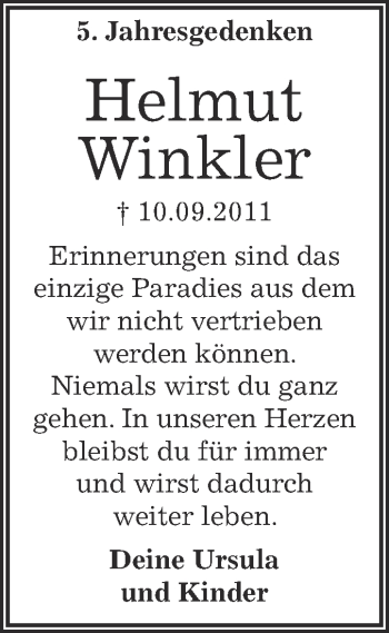 Traueranzeige von Helmut Winkler von WVG - Wochenspiegel Dessau / Köthen