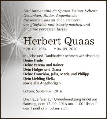 Traueranzeige von Herbert Quaas von WVG - Wochenspiegel NMB / WSF / ZTZ