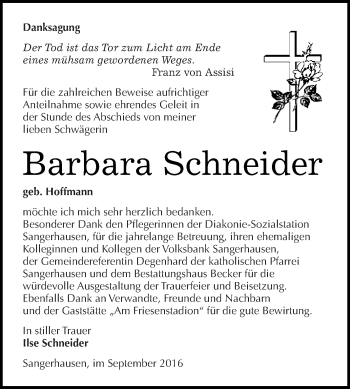Traueranzeige von Barbara Schneider von Super Sonntag SGH Mansf. Land