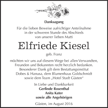 Traueranzeige von Elfriede Kiesel von Super Sonntag Bernburg