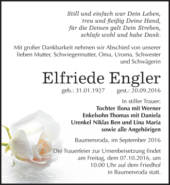 Traueranzeige von Elfriede Engler von Mitteldeutsche Zeitung Naumburg/Nebra