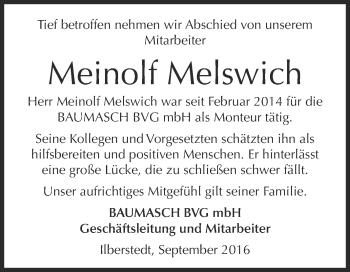 Traueranzeige von Meinolf Melswich von Super Sonntag Bernburg
