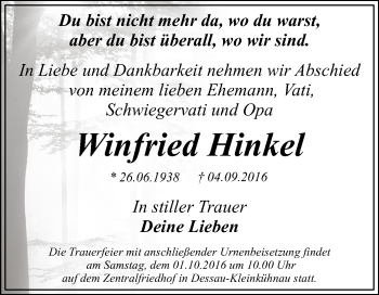 Traueranzeige von Winfried Hinkel von WVG - Wochenspiegel Dessau / Köthen