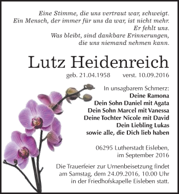 Traueranzeige von Lutz Heidenreich von Mitteldeutsche Zeitung Mansfelder Land