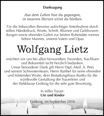 Traueranzeige von Wolfgang Lietz von WVG - Wochenspiegel Dessau / Köthen
