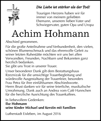 Traueranzeige von Achim Hohmann von Mitteldeutsche Zeitung Mansfelder Land