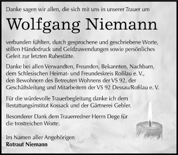 Traueranzeige von Wolfgang Niemann von Mitteldeutsche Zeitung Dessau-Roßlau
