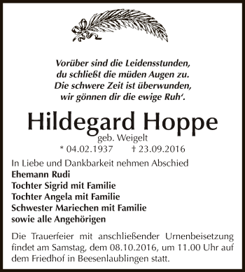 Traueranzeige von Hildegard Hoppe von Super Sonntag Bernburg