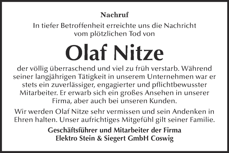  Traueranzeige für Olaf Nitze vom 17.09.2016 aus Super Sonntag Wittenberg