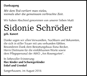 Traueranzeige von Sidonie Schröder von Mitteldeutsche Zeitung Sangerhausen