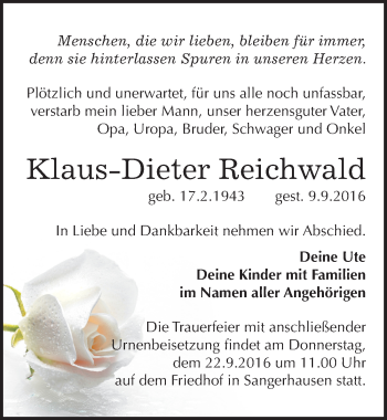 Traueranzeige von Klaus-Dieter Reichwald von Mitteldeutsche Zeitung Sangerhausen