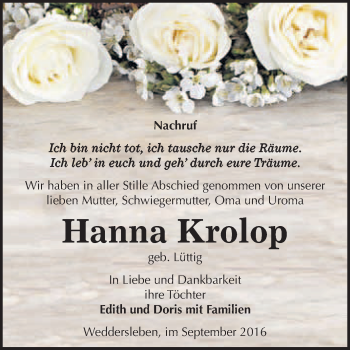 Traueranzeige von Hanna Krolop von WVG - Wochenspiegel Quedlinburg