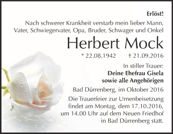 Traueranzeige von Herbert Mock von Super Sonntag Merseburg