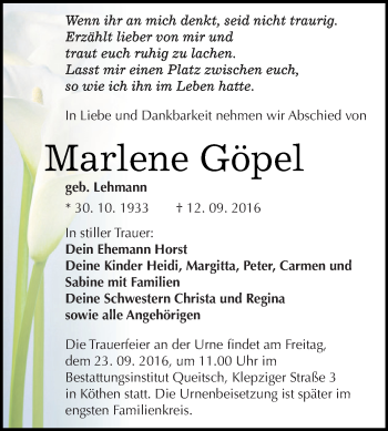 Traueranzeige von Marlene Göpel von WVG - Wochenspiegel Dessau / Köthen