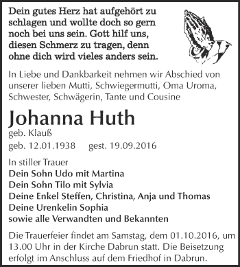 Traueranzeige von Johanna Huth von WVG - Wochenspiegel Wittenberg