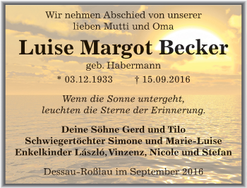 Traueranzeige von Luise Margot Becker von Mitteldeutsche Zeitung Dessau-Roßlau