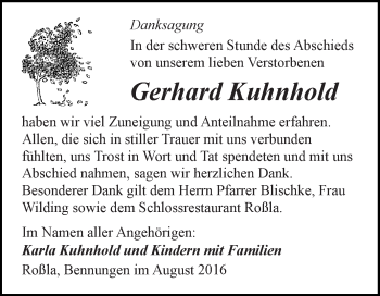 Traueranzeige von Gerhard Kuhnhold von Super Sonntag SGH Mansf. Land