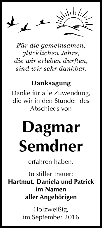 Traueranzeige von Dagmar Semdner von Mitteldeutsche Zeitung Bitterfeld