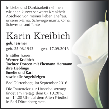 Traueranzeige von Karin Kreibich von Super Sonntag Merseburg