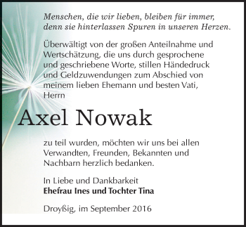 Traueranzeige von Axel Nowak von Mitteldeutsche Zeitung Zeitz