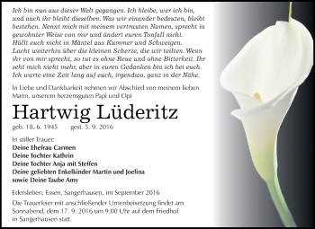 Traueranzeige von Hartwig Lüderitz von Super Sonntag SGH Mansf. Land