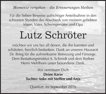 Traueranzeige von Lutz Schröter von WVG - Wochenspiegel Merseburg